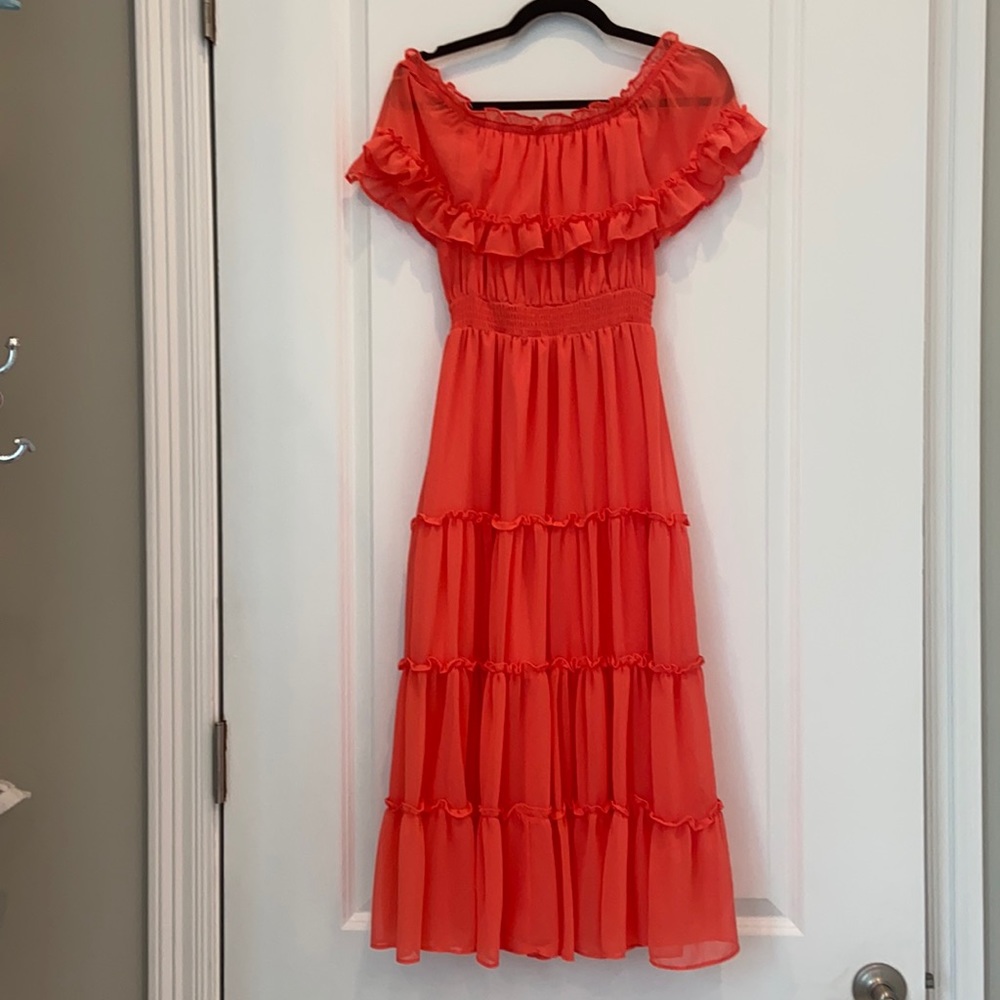 Off the shoulder coral ruffle Vici dress - medium